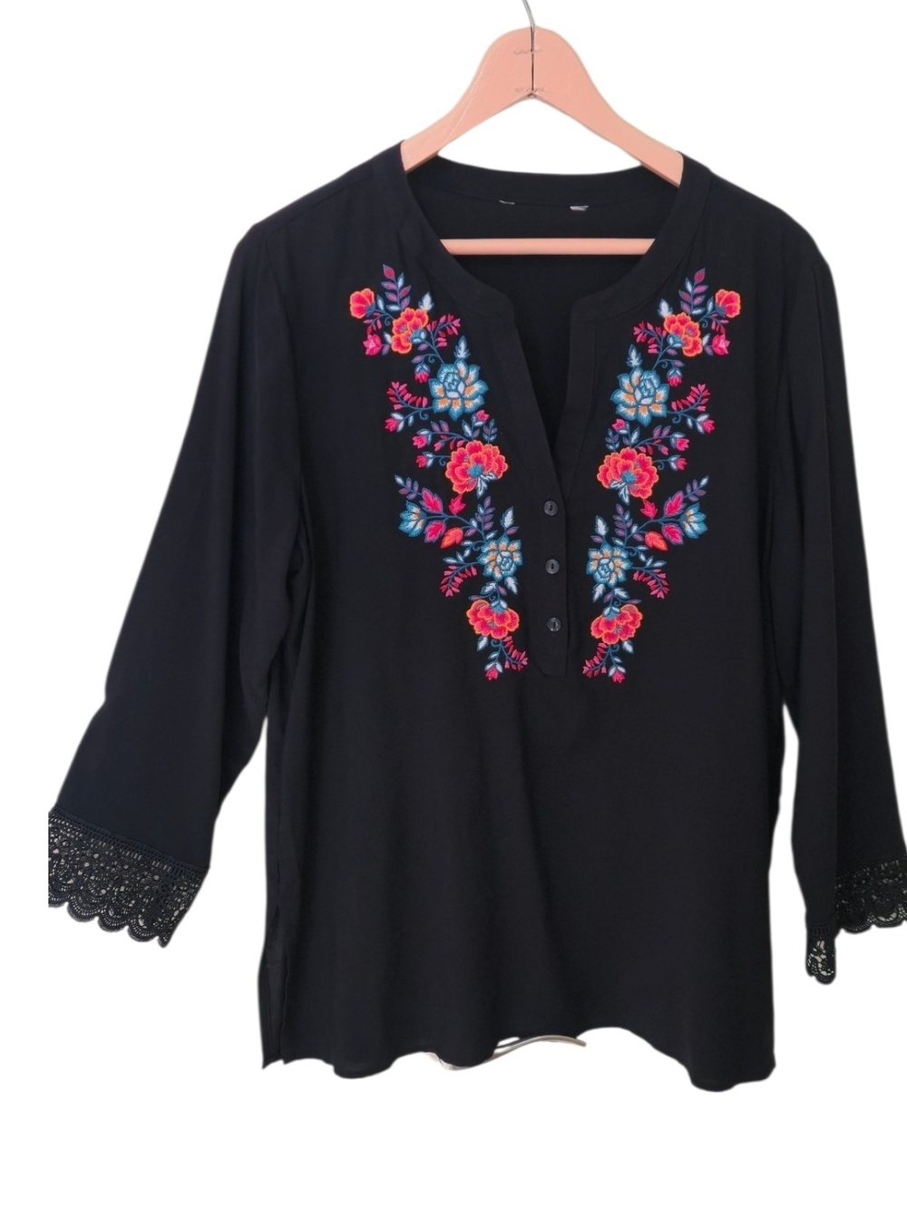 Black Embroidered Boho Peasant Tunic Top Floral Lace Sleeve XL 1XL  Summer